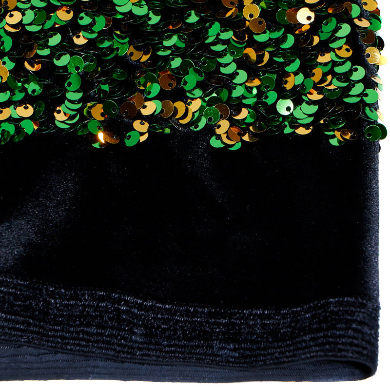 A flat sample of duchess stretch velvet sequin in the color black-green-gold.