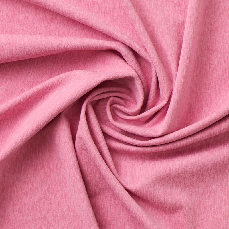 A swirled sample of EcoDelish Double Peached Melange recycled polyester spandex fabric in the color Rosebud