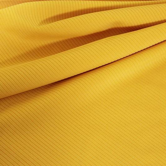 A draped sample of double ribbed spandex in the color marigold.