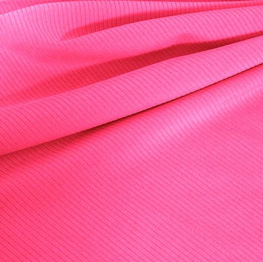 A draped sample of double ribbed spandex in the color neon pink.
