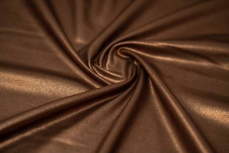 Detailed photograph of EcoTechFlex Distressed Foiled Recycled Polyester Spandex in color Coffee/Matte Dark Brown.