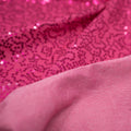 sample of edgy stretch twill sequin in the color Pink showing the back and the front of the fabric