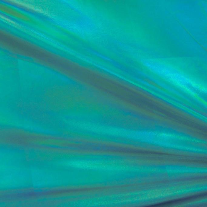 A flat sample of electric foiled spandex in the color turquoise.
