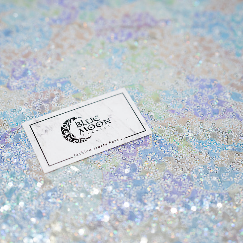 A flat sample of Elizabeth Foil Sequin Spandex with Blue Moon Fabrics logo 