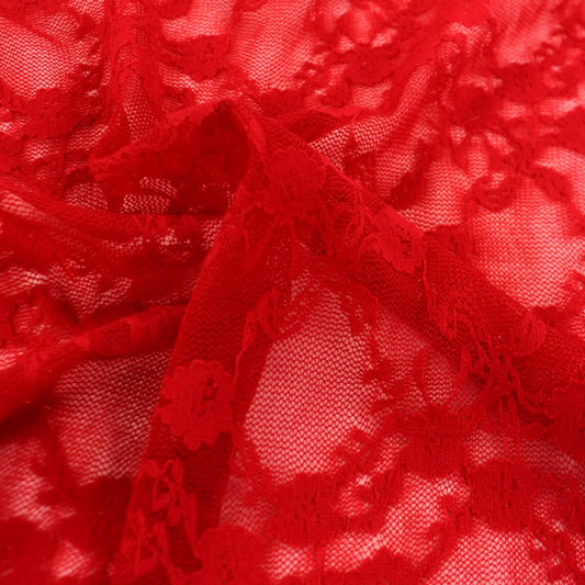 A swirled sample of emma stretch lace in the color red.