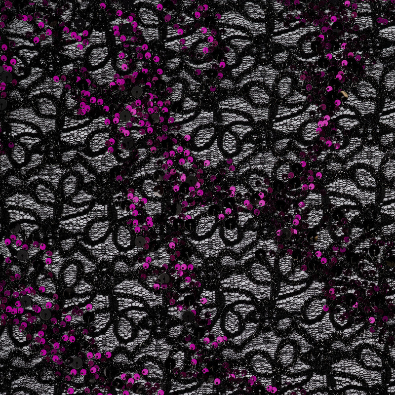 A flat sample of exotic stretch lace sequin in the color black-purple.