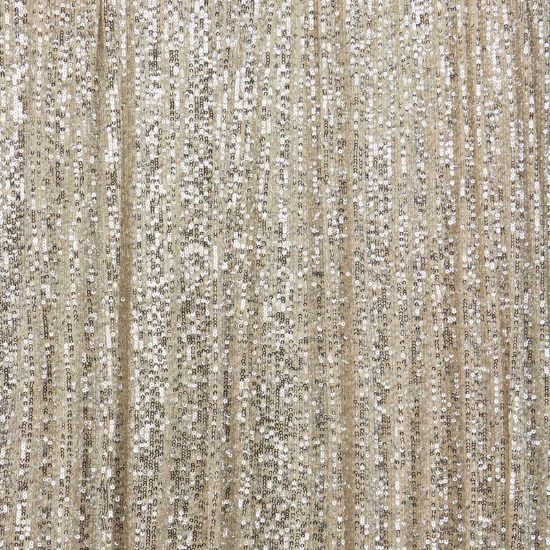 A flat sample of exquisite stretch mesh sequin in the color skin silver available at blue moon fabrics.