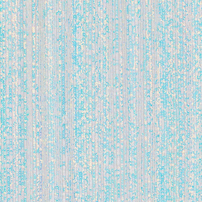 A flat sample of exquisite stretch mesh sequin in the color white aqua available at blue moon fabrics.