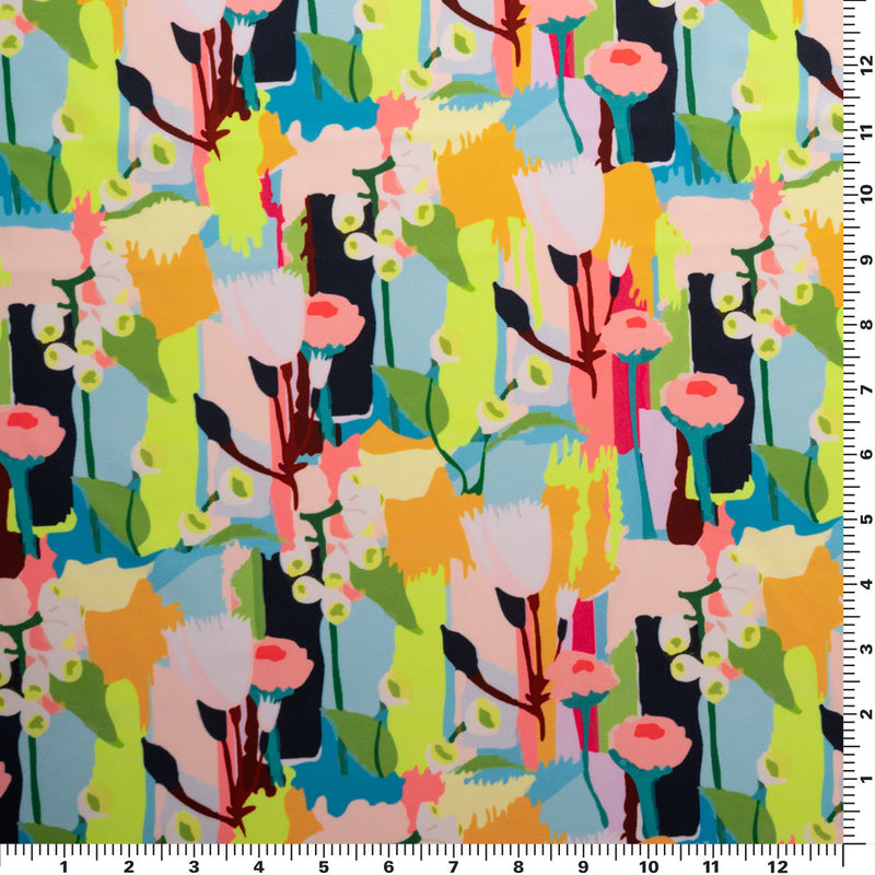 A flat sample of Fauvist Flower Garden Printed Spandex.
