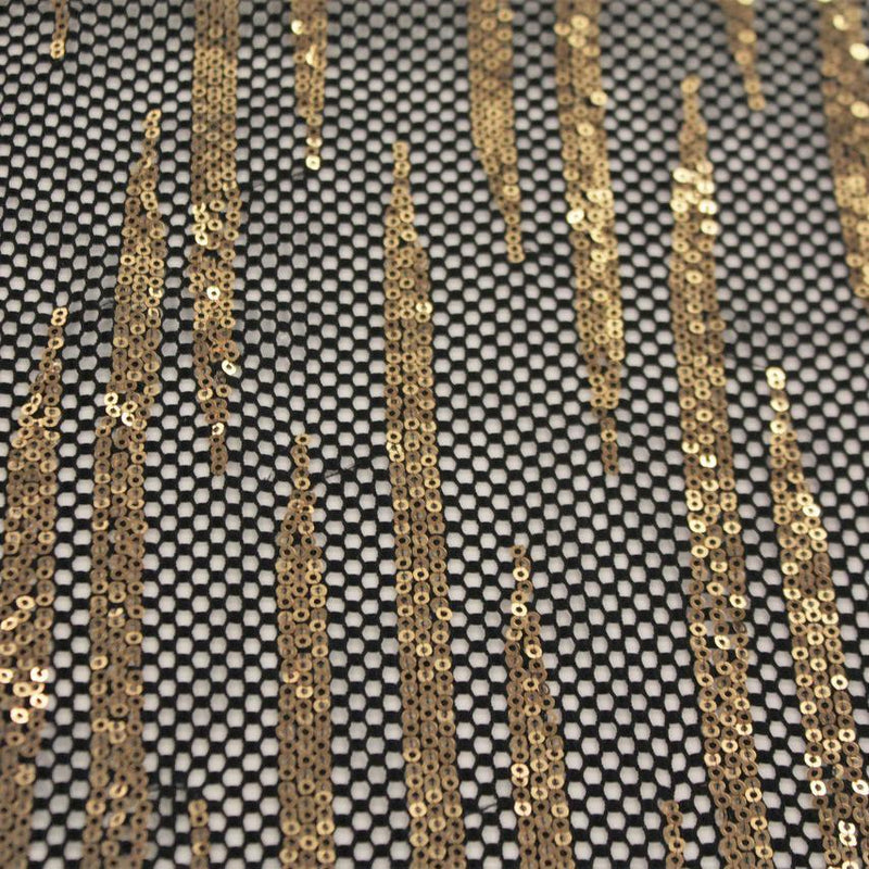 A flat sample of flair stretch mesh sequin in the color black-gold.