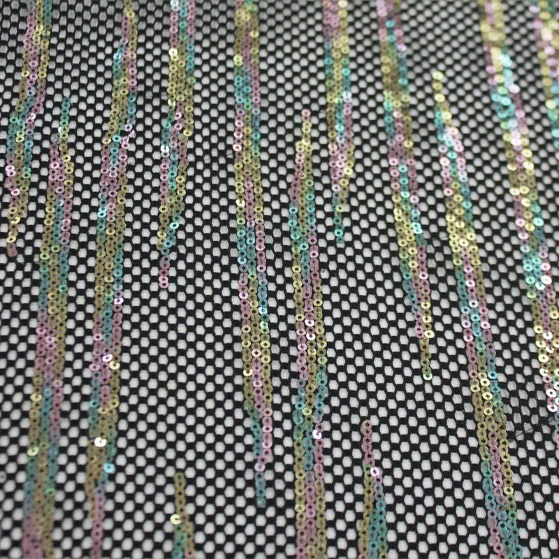 A flat sample of flair stretch mesh sequin in the color black-pastel rainbow.