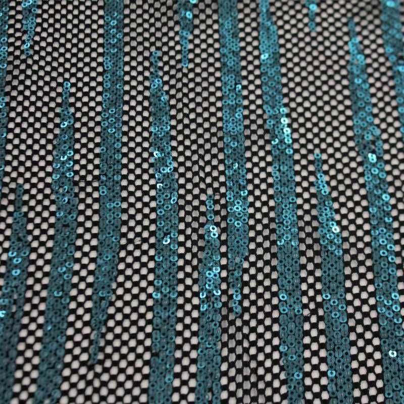 A flat sample of flair stretch mesh sequin in the color black-turquoise.