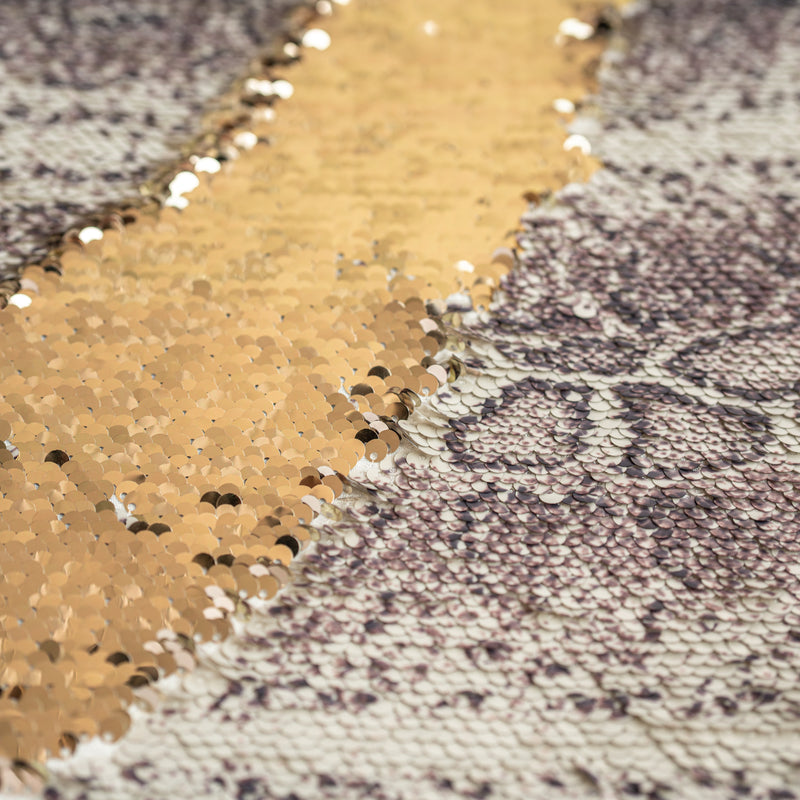 A close up detail sample of Golden Anaconda Printed Flip Sequin on Spandex 