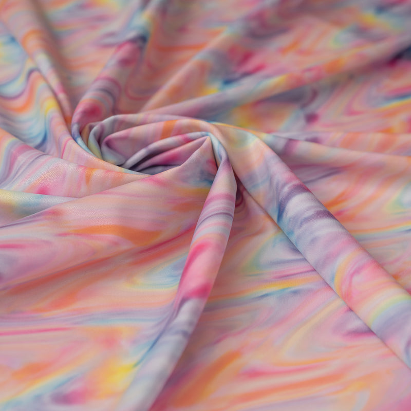A swirled sample of Tie-Dye Swirl Foil Printed Spandex.