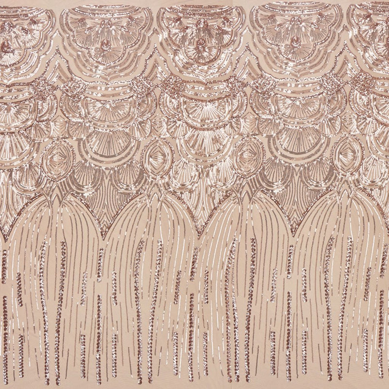 A panel of Gatsby, an Art Deco-inspired design with embroidered rose gold sequin on a tan stretch mesh base.