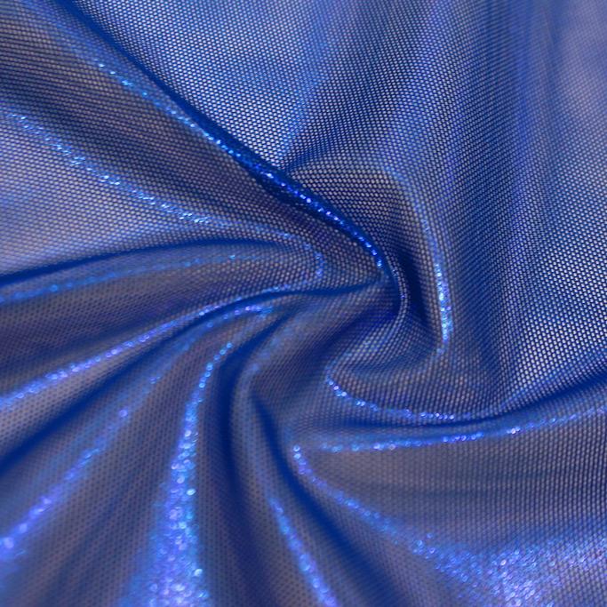 A swirled sample of glaze foiled stretch mesh in the color pacific blue-royal.