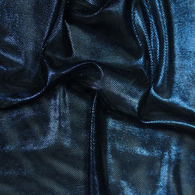 A swirled sample of goddess foiled strtch mesh in the color black-royal.