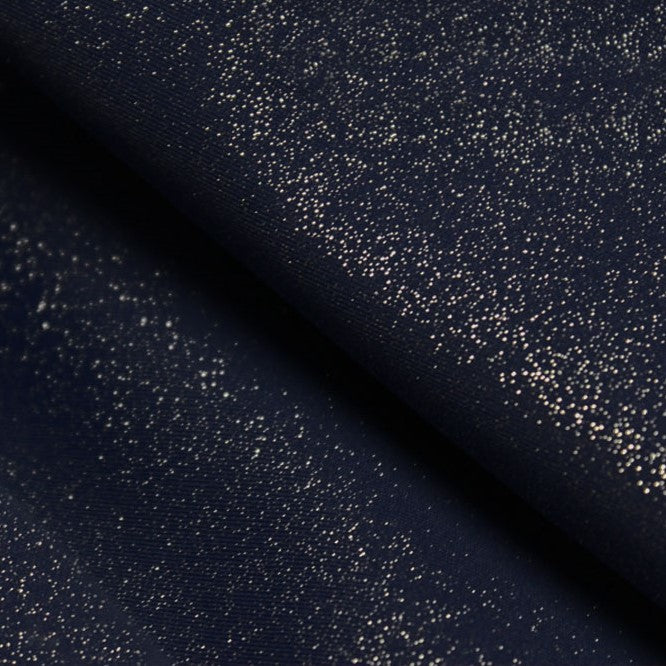 A flat sample of glitz shiny spandex in the color navy/silver.