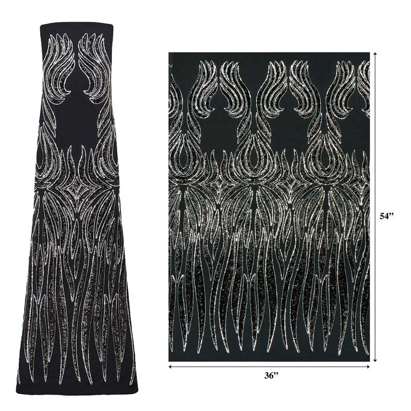 A measured panel of Icarus, an embroidered design of fanned flames with black and silver sequin on a black stretch mesh base.