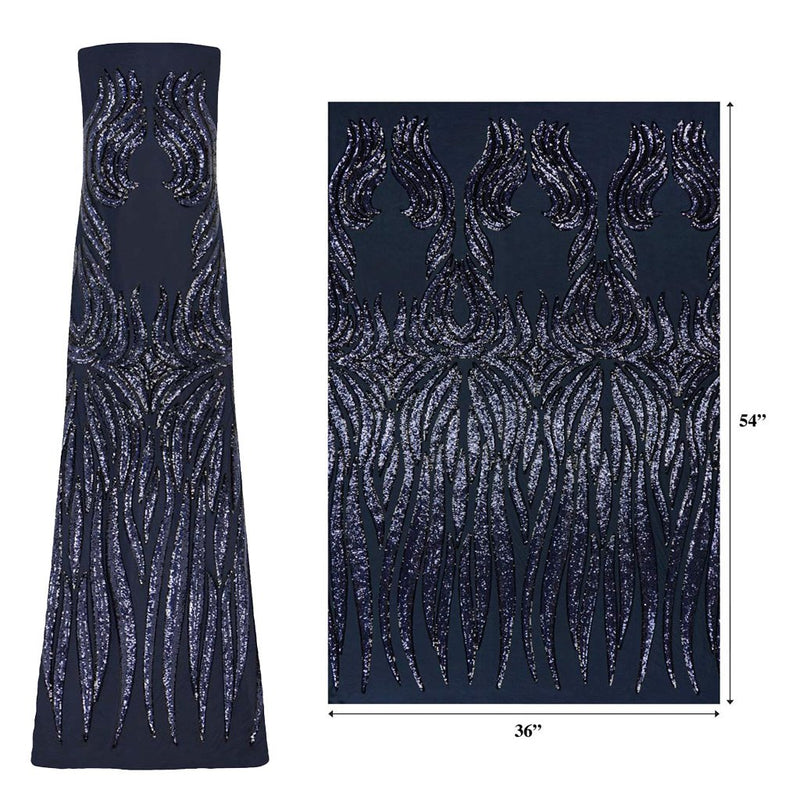 A measured panel of Icarus, an embroidered design of fanned flames with navy and black sequin on a navy stretch mesh base.