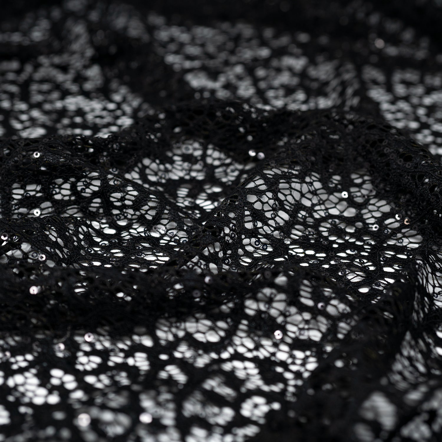 Interlocking Loop Abstract Motif Sequin Lace Print Fabric with Sheer Tulle Base