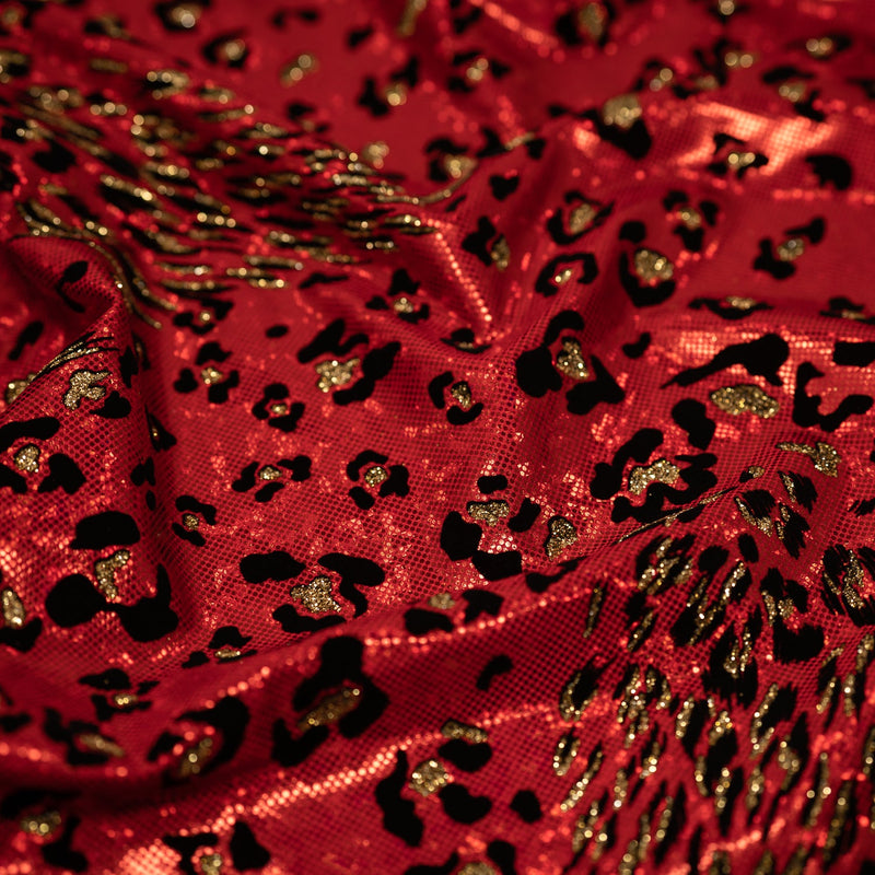 Detailed shot of Jag City Shattered Glass Foiled Spandex in the color Red