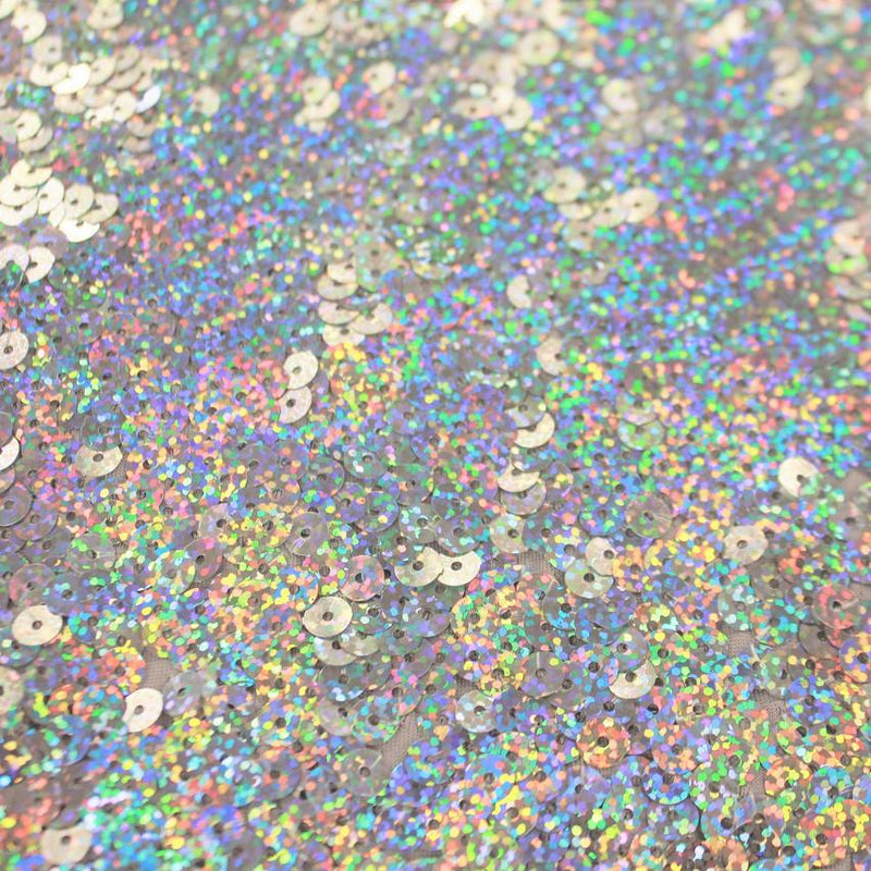 A flat sample of jazzy stretch sequin in the color silver.