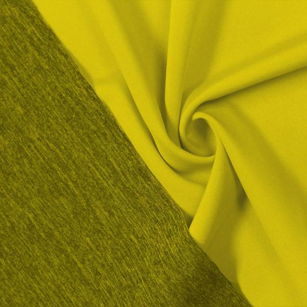 A swirled piece of Karma Double-Sided Heather Spandex in the color chartreuse.