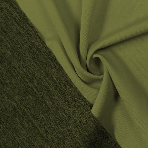 A swirled piece of Karma Double-Sided Heather Spandex in the color olive twist.
