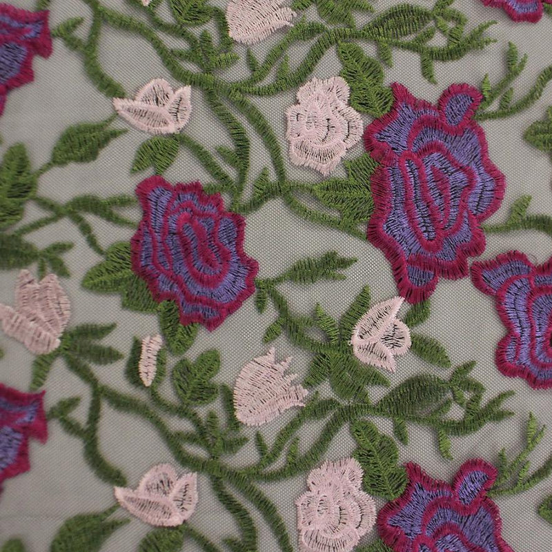 Lavender Dreams Black Mesh Embroidered with Green Vines, Purple and Pink Flowers