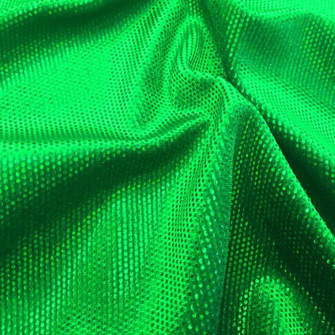 A swirled sample of legacy foiled stretch velvet in the color kelly green.
