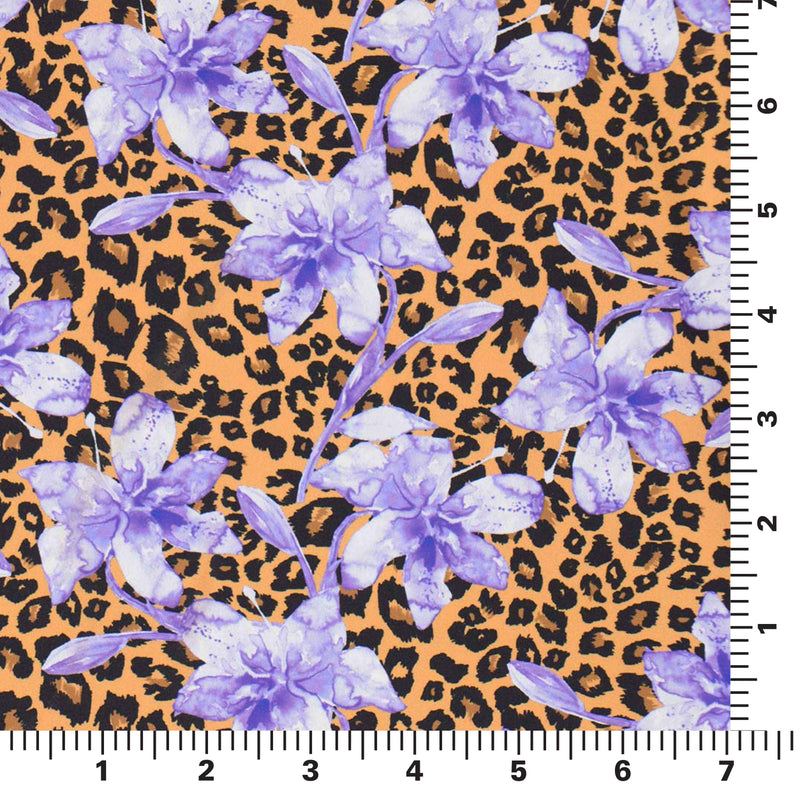 Flat piece of Leopard and Purple Flowers Printed Spandex on a 7" by 7" ruler..