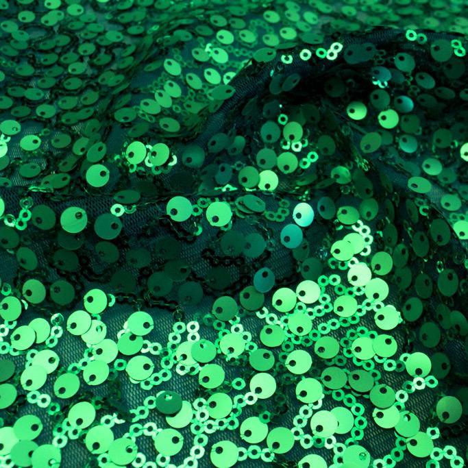 A swirled sample of marilyn stretch meh sequin in the color jade.