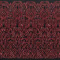 A flat sample of maya stretch mesh sequin in the color black with a red sequin panel.