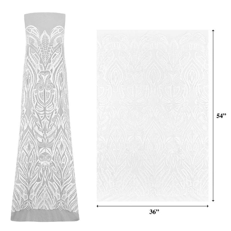 A flat measured sample of maya stretch mesh sequin in the color white with a white sequin panel.