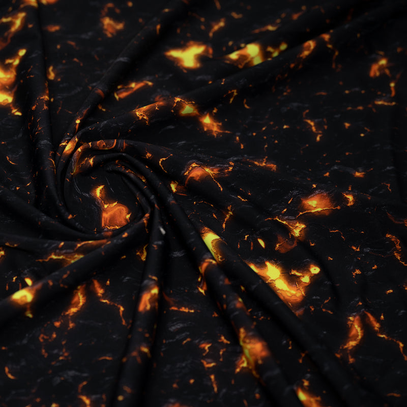 A swirled piece of Molten Magma Printed Spandex.