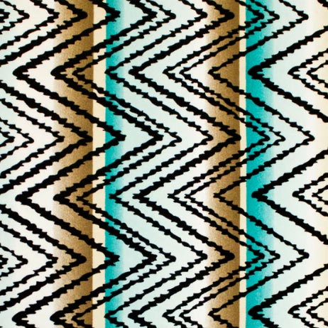 A flat sample of Brown and Turquoise Zig-Zag Printed Spandex.