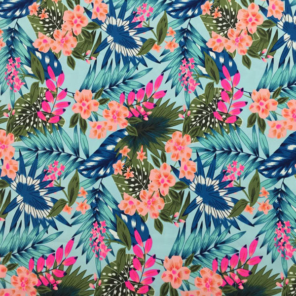 A flat sample of Pink and Blue Tropical Printed Spandex.