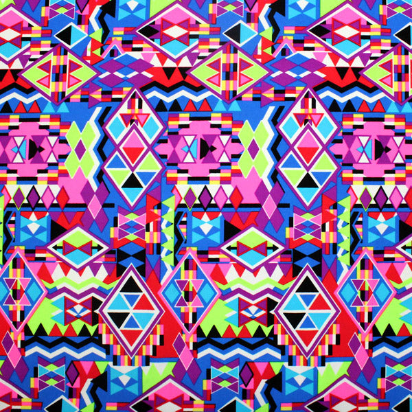 A flat sample of Bright Tribal Patches Printed Spandex.