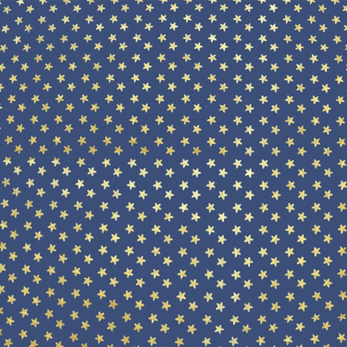 A flat sample of Gold Stars on Navy Foiled Spandex.