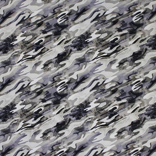 A flat sample of Neutral Gray Camo Printed Spandex.