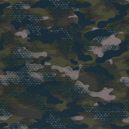 A flat sample of Distressed Olive Camo Printed Spandex.