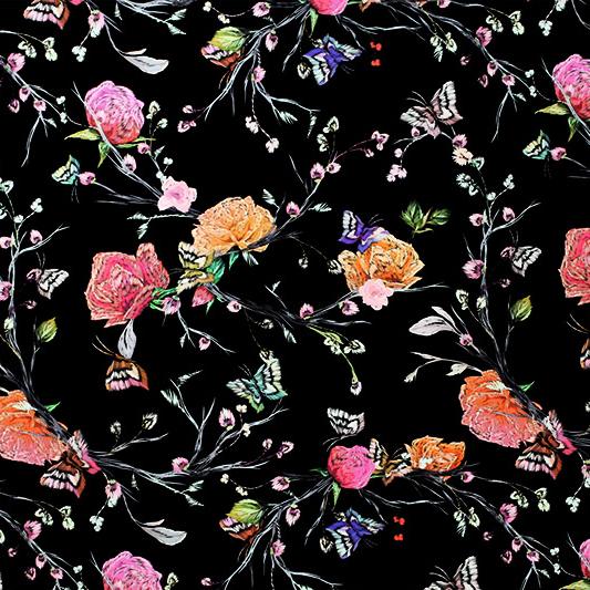 A flat sample of Roses and Butterflies on Black Printed Spandex.