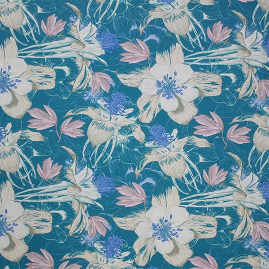 A flat sample of Muted Flowers on Teal Printed Spandex.