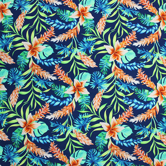 A flat sample of Tropical Leaves on Navy Printed Spandex.