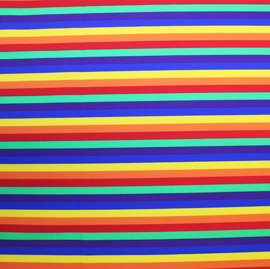 A flat sample of Rainbow Stripes Printed Spandex.