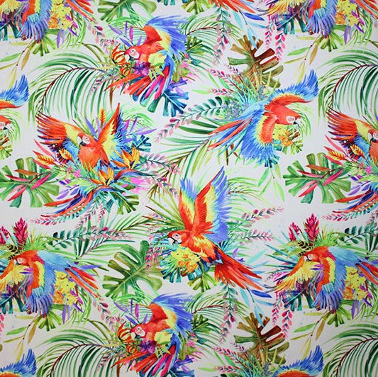 A flat sample of Tropical Parrot Printed Spandex.