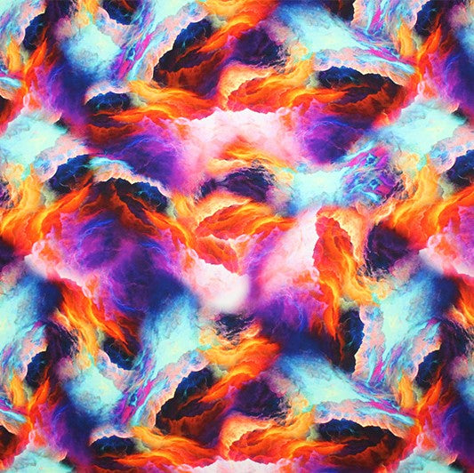 A flat sample of fire ball printed spandex.