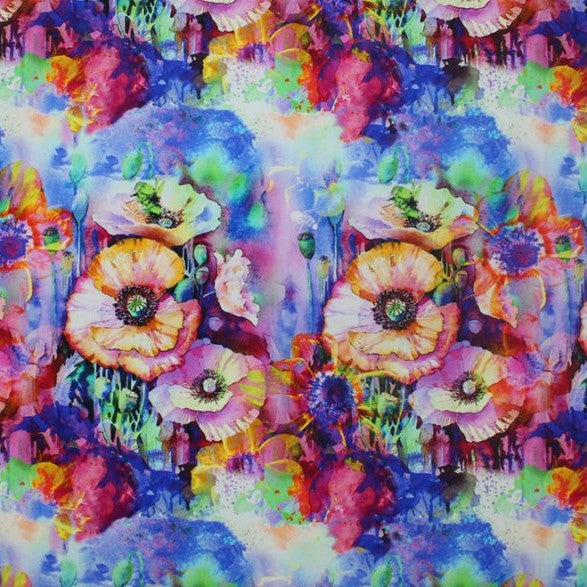 A flat sample of colorful flowers printed spandex.
