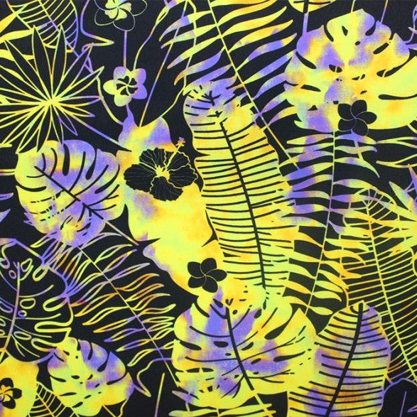 A flat sample of hippie flowers printed spandex.